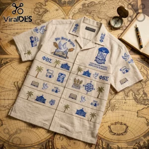 Beige linen button-down shirt with blue Phi Beta Sigma embroidery, featuring doves, palms, and fraternity iconography.!