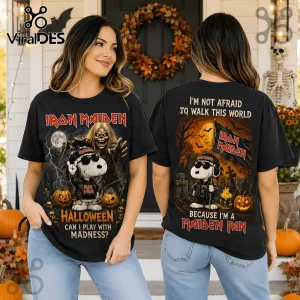 Snoopy x Iron Maiden Halloween Black T-Shirt showing front and back prints of Snoopy dressed as a rocker in a graveyard.