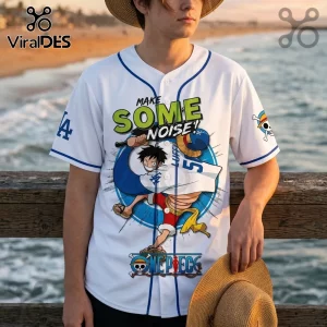 White One Piece baseball jersey with Monkey D. Luffy graphic, blue trim, and text reading Make Some Noise across chest.!