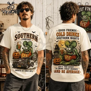 Rat Fink Southern Comfort Halloween Mascot T-Shirt with graphic print of a green rat character, hot rod, and pumpkins.