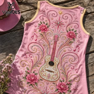 Pink sleeveless tank top featuring an acoustic guitar, floral motifs, musical notes, and gold scrollwork on wooden planks.!