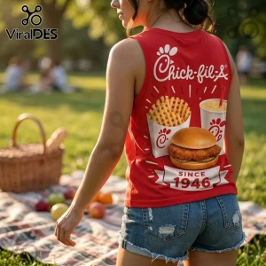 Chick-fil-A Since 1946 Fast Food V-Neck Tank Top on woman featuring waffle fries, a chicken sandwich, and a drink logo.