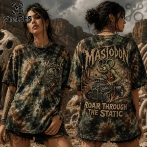 Tie-dye brown and green unisex t-shirt featuring a green rat driving a hot rod with Mastodon and Roar Through The Static.!