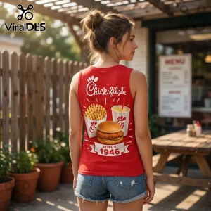 Chick-fil-A Since 1946 Fast Food V-Neck Tank Top in red with back graphic of chicken sandwich, waffle fries, and drink.