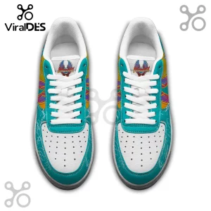 Journey band themed low-top sneakers with white laces, teal leather overlays, and winged logo on the white tongue.!