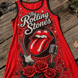 Red Rolling Stones tank top featuring the iconic tongue logo, electric guitar, vintage microphone, and red rose graphics.!