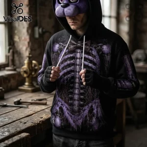 Five Nights at Freddy's Purple Mechanical Skeleton Hoodie featuring a graphic ribcage print and a matching character hood.