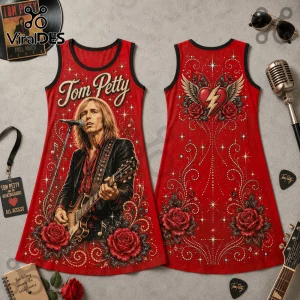 Tom Petty red tank dress featuring a portrait of the musician playing guitar, floral accents, and heart graphic on back.!