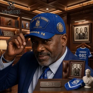 Blue Phi Beta Sigma baseball cap with gold embroidery and side emblem worn by a man in a formal office setting.!