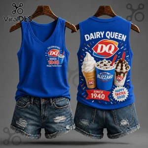 Dairy Queen Retro Since 1940 V-Neck Tank Top featuring blue fabric, DQ logo, Blizzard treat graphics, and colorful sprinkles.