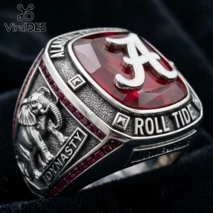 Alabama Crimson Tide Logo Red Stone Championship Ring with silver elephant relief, red crystals, and Roll Tide text.