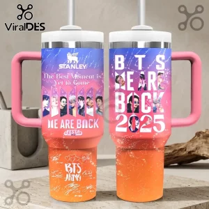 BTS 2025 Festa Stainless Steel Handle Tumbler featuring group portraits, orange-blue gradient, and ARMY graphic signatures.
