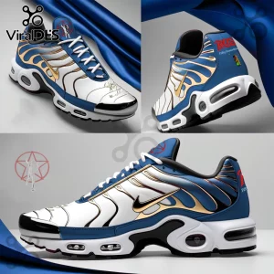 Custom Nike Air Max Plus sneakers in blue, white, and metallic gold with red RUS logo and traffic light detail.!