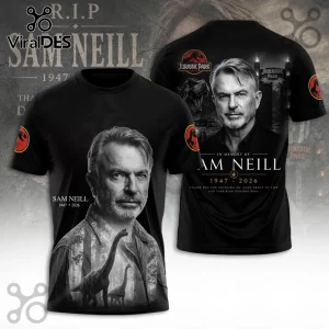 Black Jurassic Park t-shirt featuring Sam Neill portrait, brontosaurus silhouettes, and memorial dates 1947-2026.!