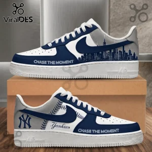 New York Yankees Navy Blue City Skyline Air Force 1 Sneakers featuring grey cityscapes, baseball stitching, and logos.