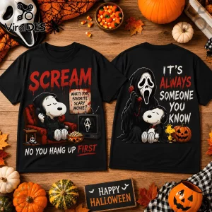 Snoopy x Scream Halloween Black T-Shirt 2026 featuring Snoopy as Ghostface, movie quotes, and spooky holiday graphics.
