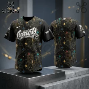 Oklahoma City Comets x Harry Potter 25 Years Magic baseball jersey with a black base, house crest patterns, and team logos.