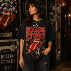 Vintage The Rolling Stones I May Be Old Concert T-Shirt featuring a red tongue logo, black guitar, and record graphic.