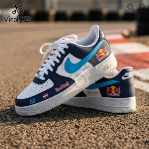 Red Bull Racing Formula One Nike Air Force 1 sneakers featuring navy, white, and blue panels with custom branding.