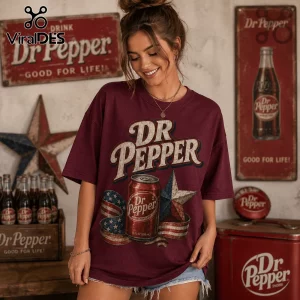 Dr Pepper Vintage 9/11 Memorial Anniversary Maroon T-Shirt featuring a drink can graphic with an American flag star motif.
