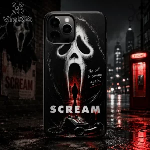 iPhone case featuring the Ghostface mask, a red city backdrop, and the text The call is coming again and SCREAM.!