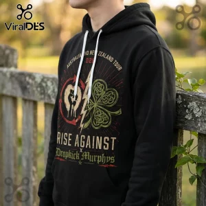 Black cotton hoodie featuring Rise Against and Dropkick Murphys Australia and New Zealand tour graphic with shamrock.!