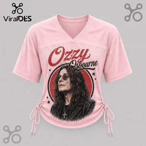 Ozzy Osbourne Crazy Train pink lace-up jersey featuring a graphic print of Ozzy Osbourne within a red circle design.