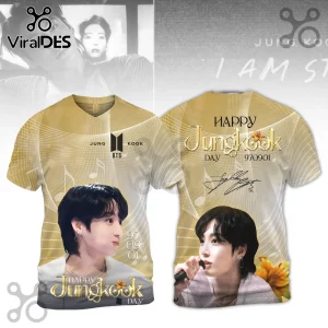 BTS Jungkook Gold Portrait Pullover Hoodie featuring front and back views with musical notes and birthday dates in gold.
