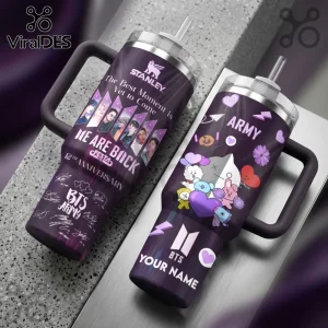 BTS Festa 2025 Custom Name Handle Tumbler in purple featuring group portraits, BT21 characters, and member signatures.