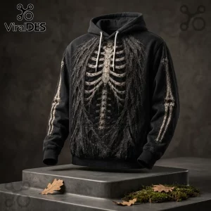 Ghostface Skeleton Halloween Pullover Hoodie 2026 featuring a white rib cage print with frayed fabric textures on black.