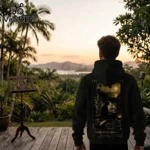 Man wearing black hoodie with FKJ graphic print featuring gold tropical sunset and piano studio artwork, outdoor setting.!