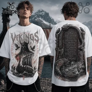 Oversized white cotton t-shirt with Norse Viking graphic print featuring a longship, raven, and wolf motif on front back.!