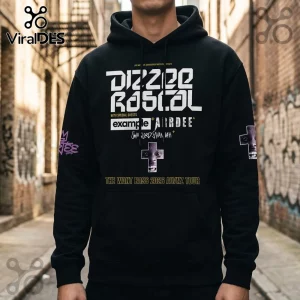 Black hooded sweatshirt with white Dizzee Rascal concert tour graphics and text on a blurred urban alley background.!
