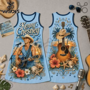 Light blue Kenny Chesney sleeveless dress featuring singer illustration, palm trees, guitar, hibiscus, and seashells.!
