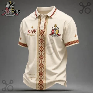 Cream-colored Kappa Alpha Psi polo shirt with red and gold geometric placket embroidery and fraternity crest.!
