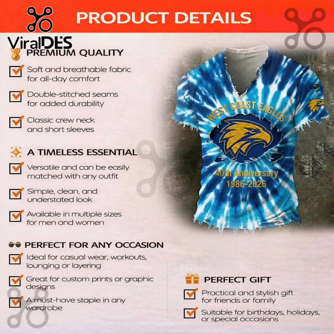 West Coast Eagles 40th Anniversary Tie Dye T-Shirt West Coast Eagles 40th Anniversary Tie Dye T-Shirt