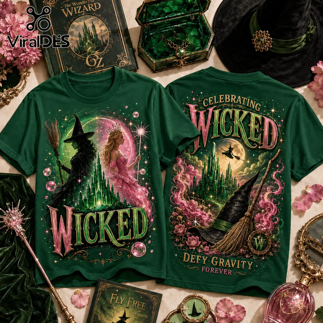 Wicked Elphaba and Glinda Forest Green T-Shirt Wicked Elphaba and Glinda Forest Green T-Shirt