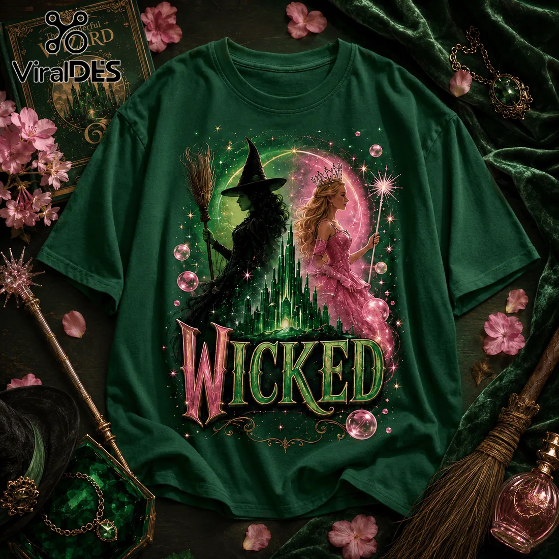 Wicked Elphaba and Glinda Forest Green T-Shirt Wicked Elphaba and Glinda Forest Green T-Shirt