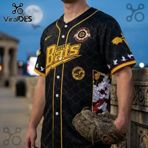 Black baseball jersey with River Bats text, gold dragon motifs, scale patterns, and side panel clouds on a button-up shirt.!