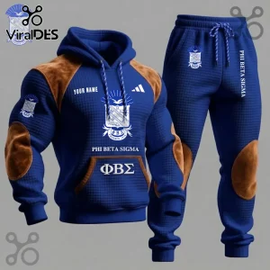 Phi Beta Sigma quilted blue hoodie and joggers set with brown suede shoulder and elbow patches and fraternity crest print.!