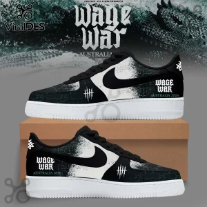 Wage War Australia 2026 Black and White Air Force 1 Sneakers featuring band branding and brick wall graphics on side panels.