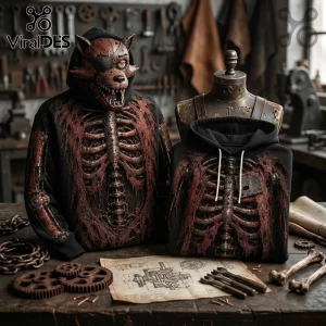 Five Nights at Freddy's Mechanical Skeleton Costume Hoodie featuring a Foxy-inspired fox mask and weathered metal ribcage.