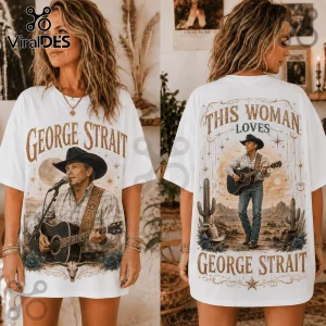 White oversized t-shirt featuring graphic art of George Strait playing guitar with desert, cactus, and star motifs.!