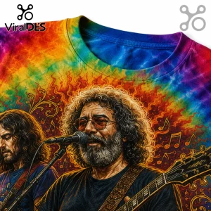 Tie-dye t-shirt featuring a graphic illustration of Jerry Garcia singing with a guitar against a vibrant rainbow background.!
