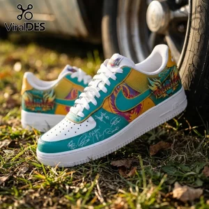 Custom Journey band themed sneakers with teal, yellow, and white leather panels featuring band signatures and logo graphics.!