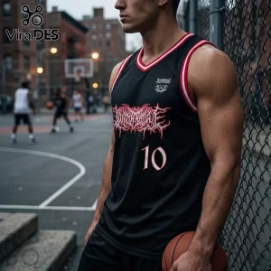 Black sleeveless basketball jersey featuring red and white trim with death metal font graphic and the number 10 on chest.!