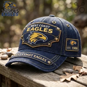 West Coast Eagles denim baseball cap featuring an embroidered eagle logo, brass rivets, and Est. 1986 side patch.!