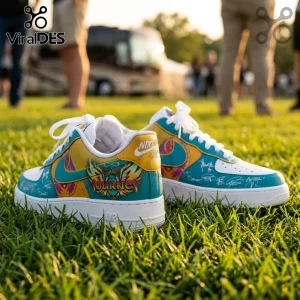 Custom Nike Air Force 1 sneakers featuring Journey band artwork, teal and gold panels, and white laces on green grass.!