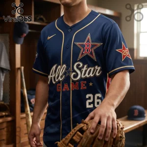 Navy blue Boston Red Sox All-Star Game baseball jersey with gold piping, red star logo, and number 26 on chest and sleeve.!
