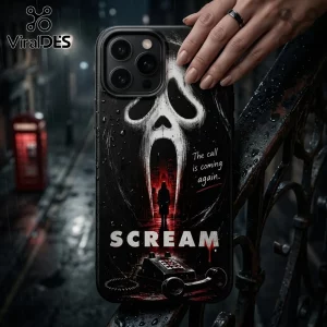 Scream movie iPhone case featuring Ghostface mask art, landline phone, and text The call is coming again on black plastic.!